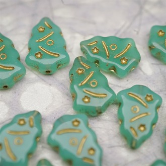 复古蛋白绿描金色~圣诞树捷克珠玻璃琉璃珠17X12MM