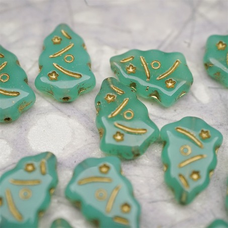 复古蛋白绿描金色~圣诞树捷克珠玻璃琉璃珠17X12MM