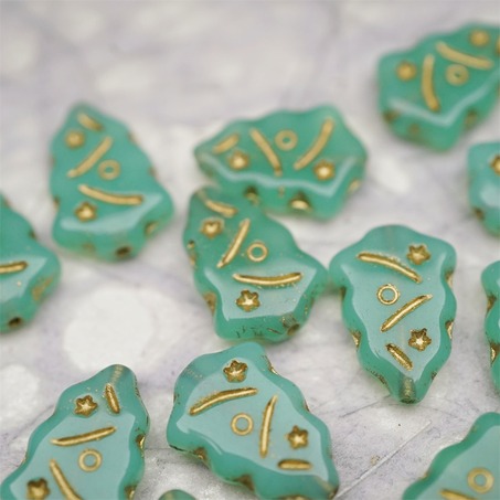 复古蛋白绿描金色~圣诞树捷克珠玻璃琉璃珠17X12MM-3