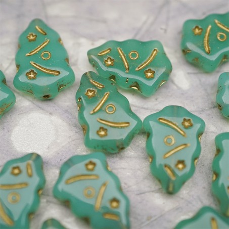 复古蛋白绿描金色~圣诞树捷克珠玻璃琉璃珠17X12MM-4