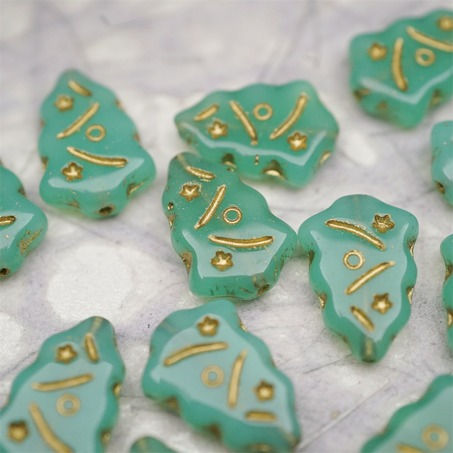 复古蛋白绿描金色~圣诞树捷克珠玻璃琉璃珠17X12MM-5