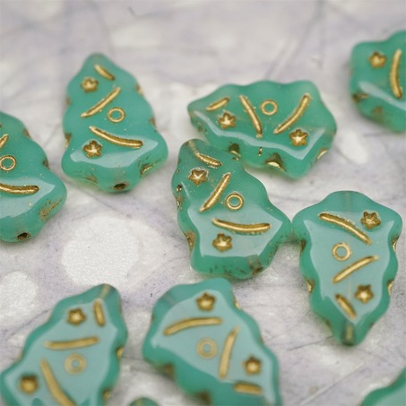 复古蛋白绿描金色~圣诞树捷克珠玻璃琉璃珠17X12MM-6