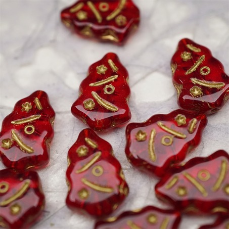 宝石红描金色~圣诞树捷克珠玻璃琉璃珠17X12MM-2