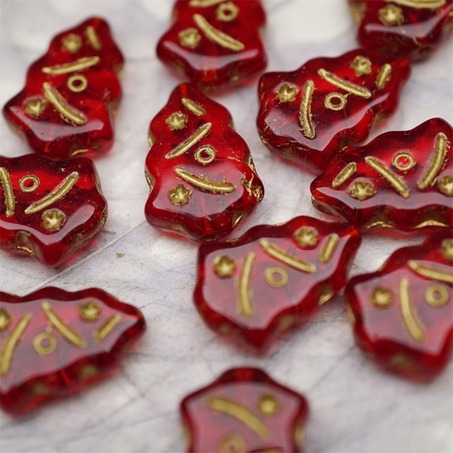 宝石红描金色~圣诞树捷克珠玻璃琉璃珠17X12MM