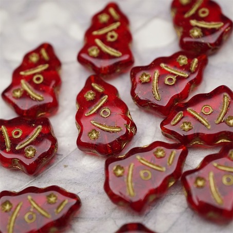 宝石红描金色~圣诞树捷克珠玻璃琉璃珠17X12MM-5