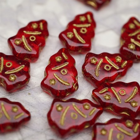 宝石红描金色~圣诞树捷克珠玻璃琉璃珠17X12MM-3