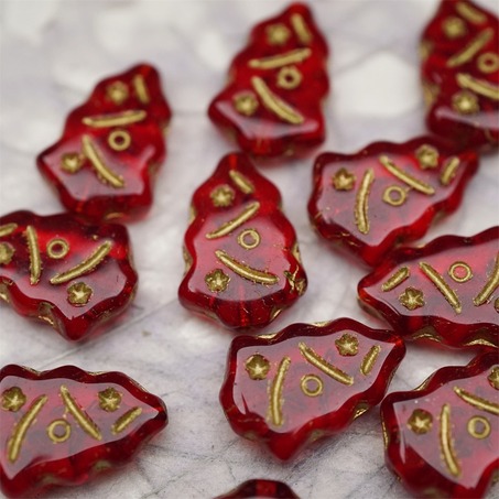 宝石红描金色~圣诞树捷克珠玻璃琉璃珠17X12MM-6