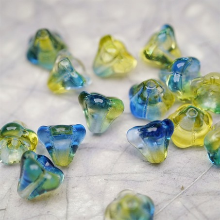 水彩感黄绿蓝渐变色~莲雾捷克珠玻璃珠琉璃小花喇叭花 8X10MM-2