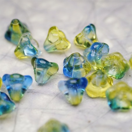 水彩感黄绿蓝渐变色~莲雾捷克珠玻璃珠琉璃小花喇叭花 8X10MM-4