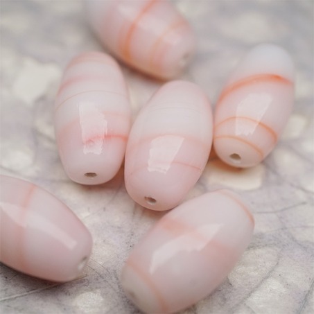 奶油蜜桃配色条纹mix手造椭圆珠~日本进口中古古董灯工玻璃琉璃珠 12X18MM