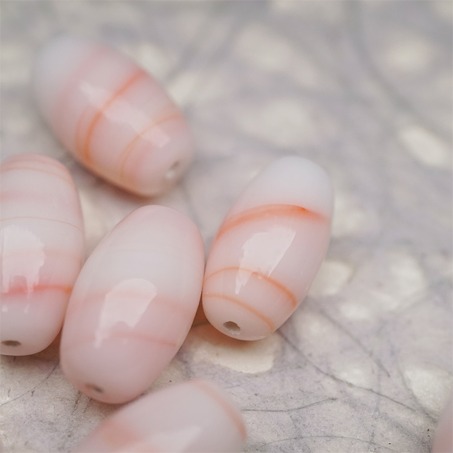 奶油蜜桃配色条纹mix手造椭圆珠~日本进口中古古董灯工玻璃琉璃珠 12X18MM-2