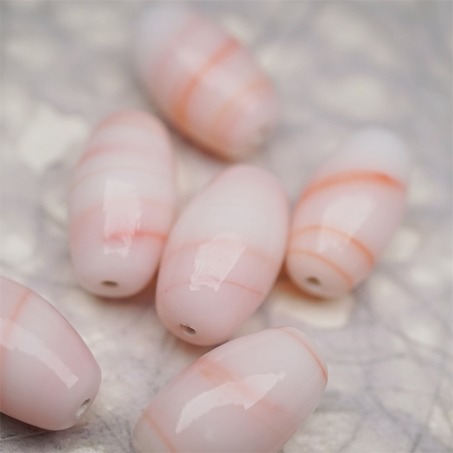 奶油蜜桃配色条纹mix手造椭圆珠~日本进口中古古董灯工玻璃琉璃珠 12X18MM-5