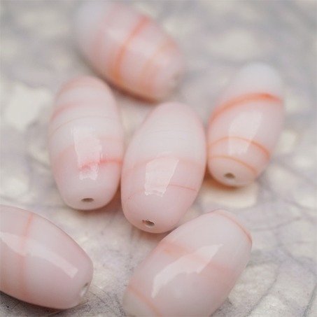 奶油蜜桃配色条纹mix手造椭圆珠~日本进口中古古董灯工玻璃琉璃珠 12X18MM-6