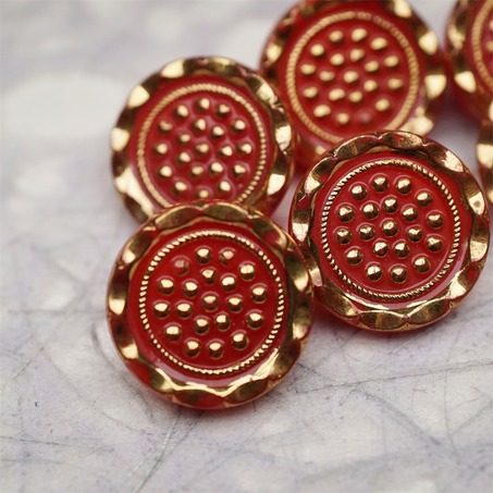 复古橘色鎏金波点~捷克古董纽扣珠侧孔珠玻璃琉璃珠 18MM