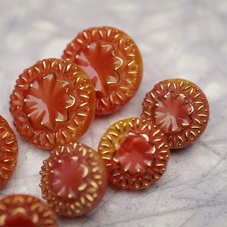 复古橘色渐变巴洛克浮雕花纹~捷克古董纽扣珠侧孔珠玻璃琉璃珠-2