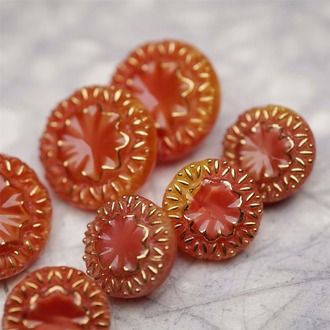复古橘色渐变巴洛克浮雕花纹~捷克古董纽扣珠侧孔珠玻璃琉璃珠