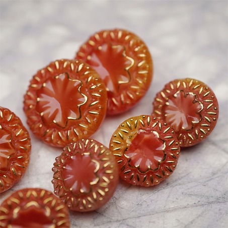 复古橘色渐变巴洛克浮雕花纹~捷克古董纽扣珠侧孔珠玻璃琉璃珠-3