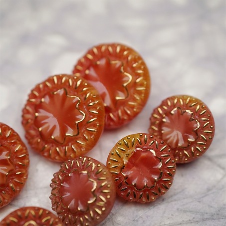 复古橘色渐变巴洛克浮雕花纹~捷克古董纽扣珠侧孔珠玻璃琉璃珠-4