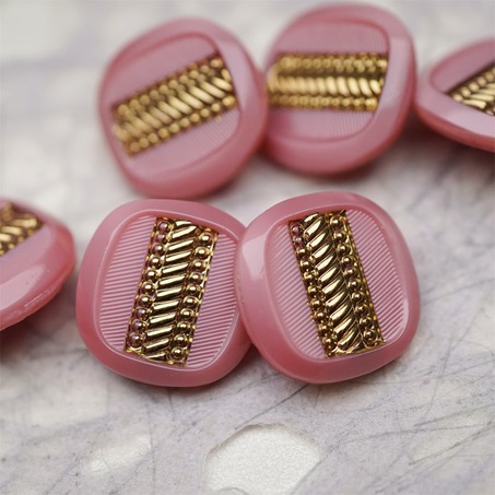 粉色浮雕金属花纹~捷克古董纽扣珠侧孔珠玻璃琉璃珠 18MM-6