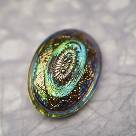 极光感孔雀蓝绿光泽复古花纹椭圆形~捷克古董纽扣珠侧孔珠玻璃琉璃珠 35X25MM-1