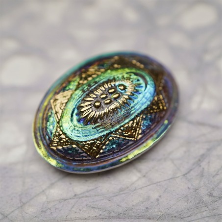 极光感孔雀蓝绿光泽复古花纹椭圆形~捷克古董纽扣珠侧孔珠玻璃琉璃珠 35X25MM-3