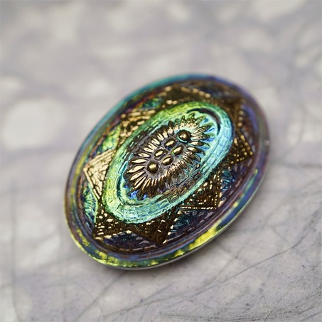 极光感孔雀蓝绿光泽复古花纹椭圆形~捷克古董纽扣珠侧孔珠玻璃琉璃珠 35X25MM-4