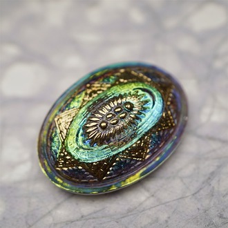 极光感孔雀蓝绿光泽复古花纹椭圆形~捷克古董纽扣珠侧孔珠玻璃琉璃珠 35X25MM