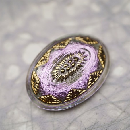 极光感梦幻紫色光泽复古花纹椭圆形~捷克古董纽扣珠侧孔珠玻璃琉璃珠 35X25MM