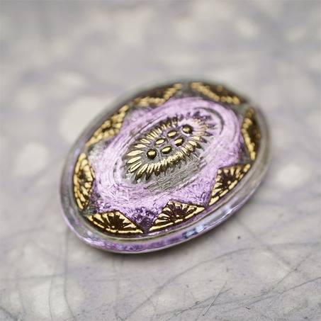 极光感梦幻紫色光泽复古花纹椭圆形~捷克古董纽扣珠侧孔珠玻璃琉璃珠 35X25MM-3