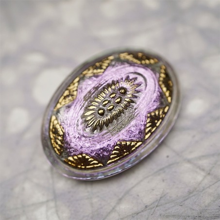 极光感梦幻紫色光泽复古花纹椭圆形~捷克古董纽扣珠侧孔珠玻璃琉璃珠 35X25MM-2