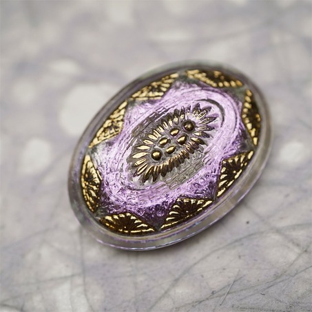 极光感梦幻紫色光泽复古花纹椭圆形~捷克古董纽扣珠侧孔珠玻璃琉璃珠 35X25MM-4