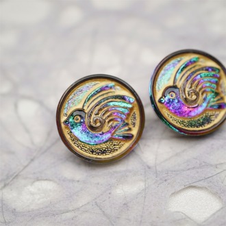 复古紫色调渐变飞鸟和平鸽风格~捷克古董纽扣珠侧孔珠玻璃琉璃珠 20MM