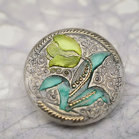 清新彩绘法式花朵风格~捷克古董纽扣珠侧孔珠玻璃琉璃珠 32MM