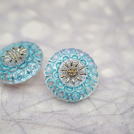 冬天梦幻感海盐雪色浮雕花纹~捷克古董纽扣珠侧孔珠玻璃琉璃珠 20MM-2