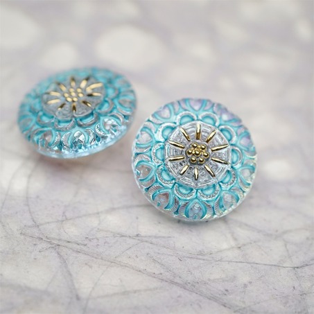 冬天梦幻感海盐雪色浮雕花纹~捷克古董纽扣珠侧孔珠玻璃琉璃珠 20MM-3