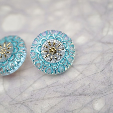 冬天梦幻感海盐雪色浮雕花纹~捷克古董纽扣珠侧孔珠玻璃琉璃珠 20MM-4