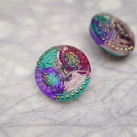 复古双子花朵彩色系~捷克古董纽扣珠侧孔珠玻璃琉璃珠 20MM