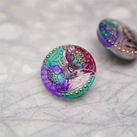 复古双子花朵彩色系~捷克古董纽扣珠侧孔珠玻璃琉璃珠 20MM-4