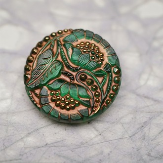 复古双子花朵绿色系~捷克古董纽扣珠侧孔珠玻璃琉璃珠 30MM