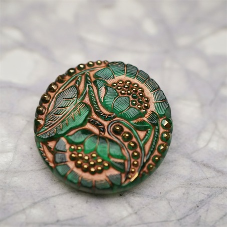 复古双子花朵绿色系~捷克古董纽扣珠侧孔珠玻璃琉璃珠 30MM-2