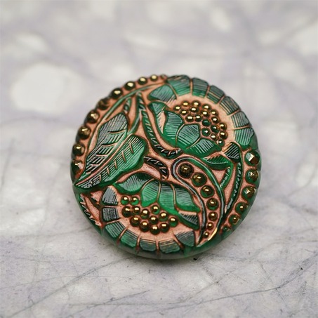 复古双子花朵绿色系~捷克古董纽扣珠侧孔珠玻璃琉璃珠 30MM-4