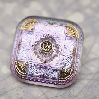 极光感梦幻紫色光泽复古花纹方圆形~捷克古董纽扣珠侧孔珠玻璃琉璃珠 37MM