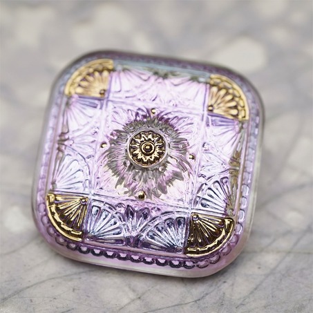 极光感梦幻紫色光泽复古花纹方圆形~捷克古董纽扣珠侧孔珠玻璃琉璃珠 37MM