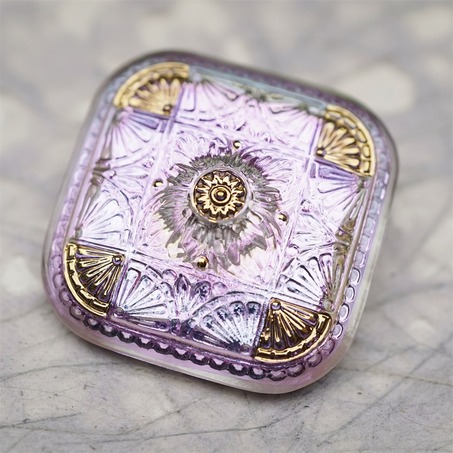 极光感梦幻紫色光泽复古花纹方圆形~捷克古董纽扣珠侧孔珠玻璃琉璃珠 37MM-2