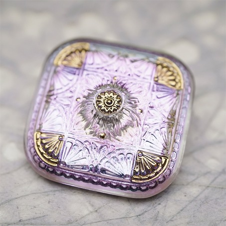 极光感梦幻紫色光泽复古花纹方圆形~捷克古董纽扣珠侧孔珠玻璃琉璃珠 37MM-3