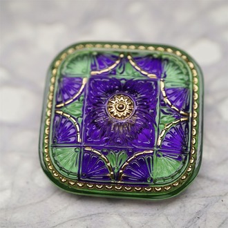 巴洛克撞色紫绿配色复古花纹方圆形~捷克古董纽扣珠侧孔珠玻璃琉璃珠 37MM