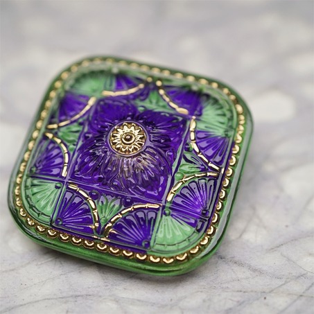 巴洛克撞色紫绿配色复古花纹方圆形~捷克古董纽扣珠侧孔珠玻璃琉璃珠 37MM-4
