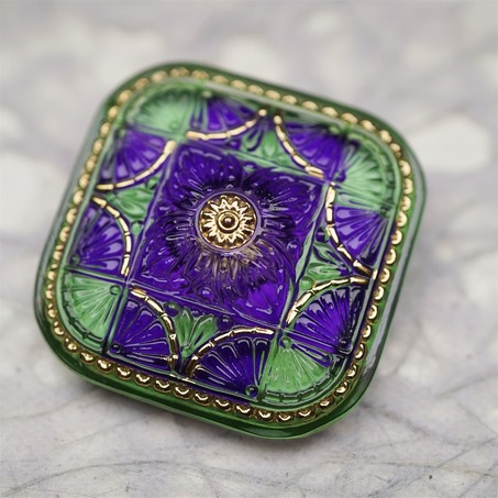 巴洛克撞色紫绿配色复古花纹方圆形~捷克古董纽扣珠侧孔珠玻璃琉璃珠 37MM-3