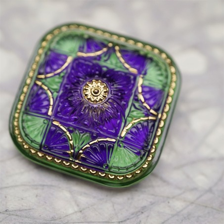 巴洛克撞色紫绿配色复古花纹方圆形~捷克古董纽扣珠侧孔珠玻璃琉璃珠 37MM-2