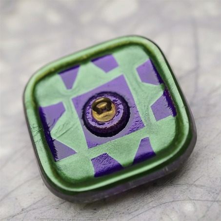 巴洛克撞色紫绿配色复古花纹方圆形~捷克古董纽扣珠侧孔珠玻璃琉璃珠 37MM-6